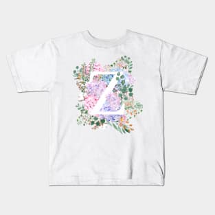 botanical monogram alphabet Z hydrangea flowers Kids T-Shirt